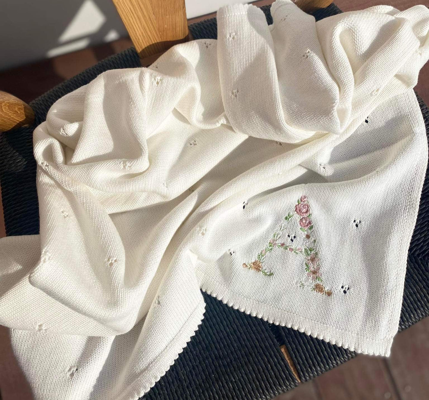 ORGANIC POINTELLE KNIT BLANKET - FLORAL INITIAL